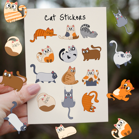 “Sheet of cute cat-themed stickers for laptops and journals”